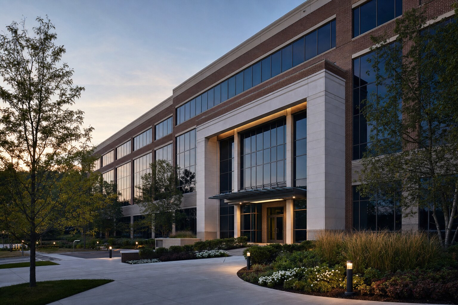 Commercial office building with maintained entrance and exterior circulation areas